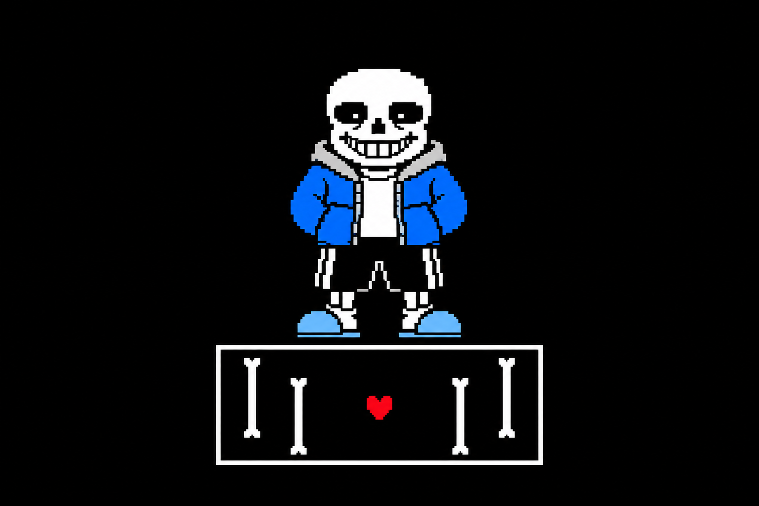 Illustration of Sans above a battle box with a red soul and bones